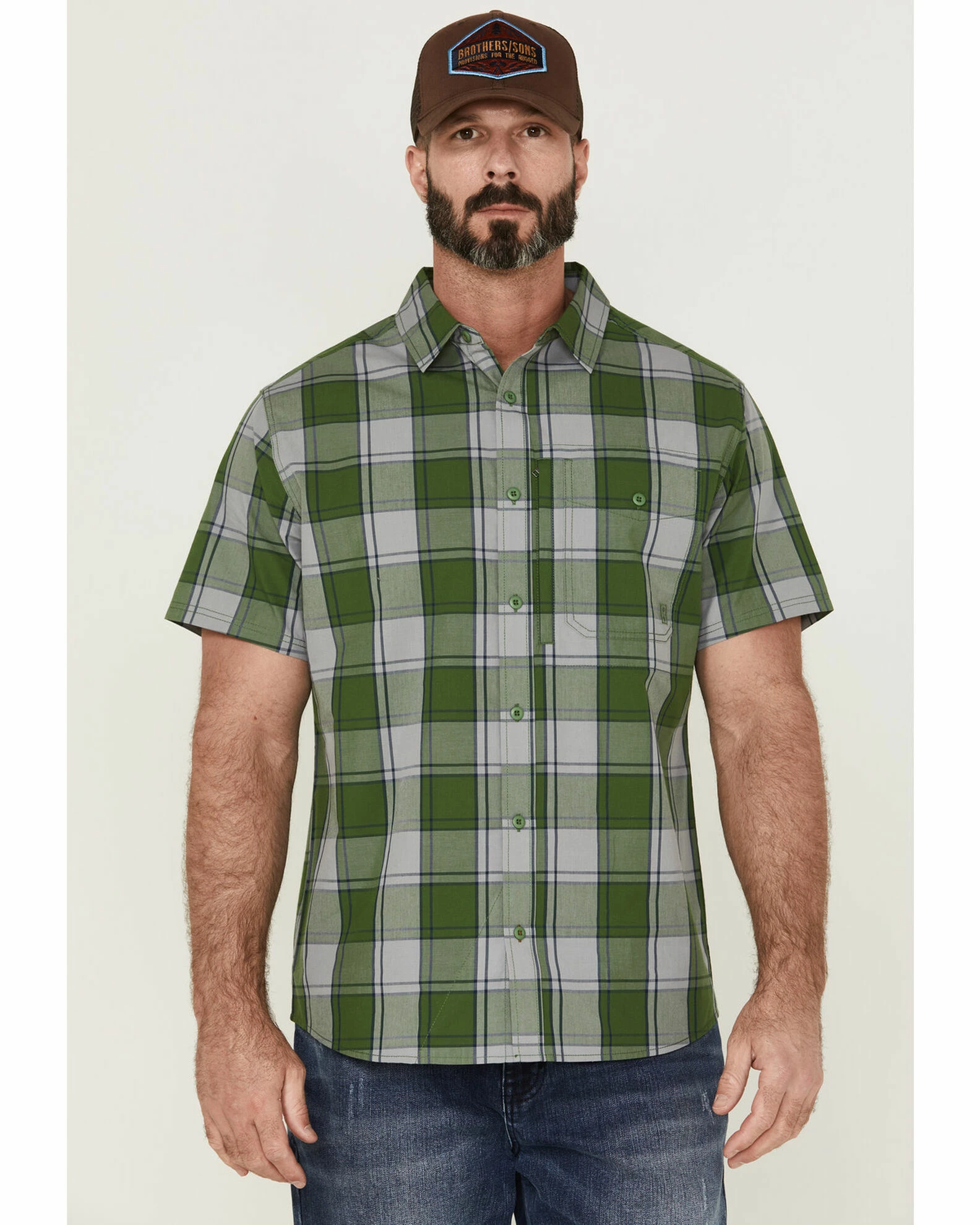 Brothers & Sons Men's Performance Kelly Green Large Plaid Short Sleeve Button-Down Western Shirt 3 Brothers & Sons Men's Performance Kelly Green Large Plaid Short Sleeve Button-Down Western Shirt