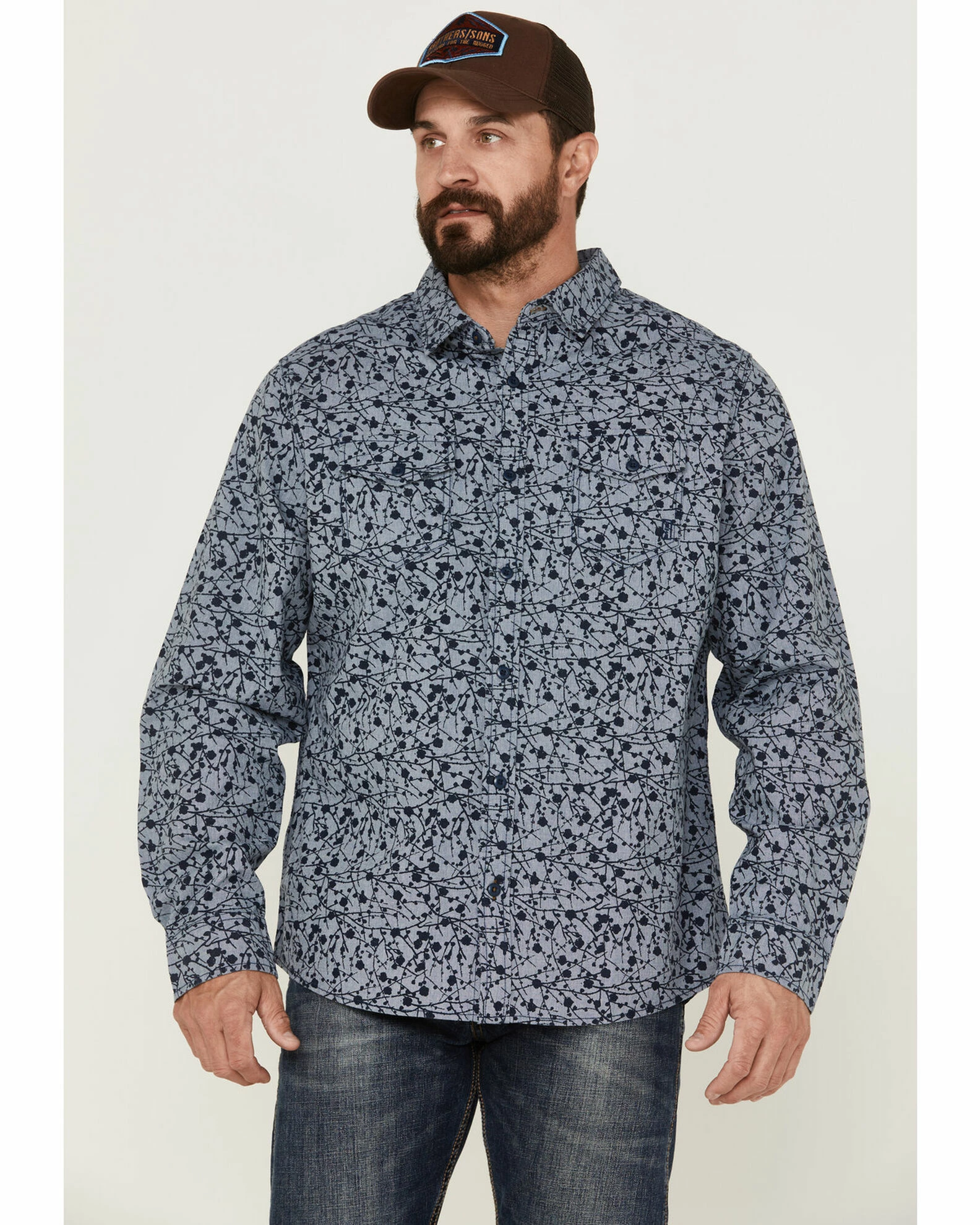 Brothers & Sons Men's All-Over Print Long Sleeve Button-Down Western Shirt Navy 3 Brothers & Sons Men's All-Over Print Long Sleeve Button-Down Western Shirt Navy