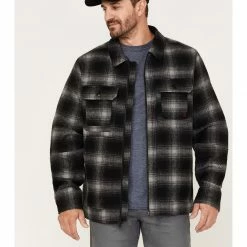 Brothers & Sons Men's Wool Full Zip Plaid Print Jacket Black