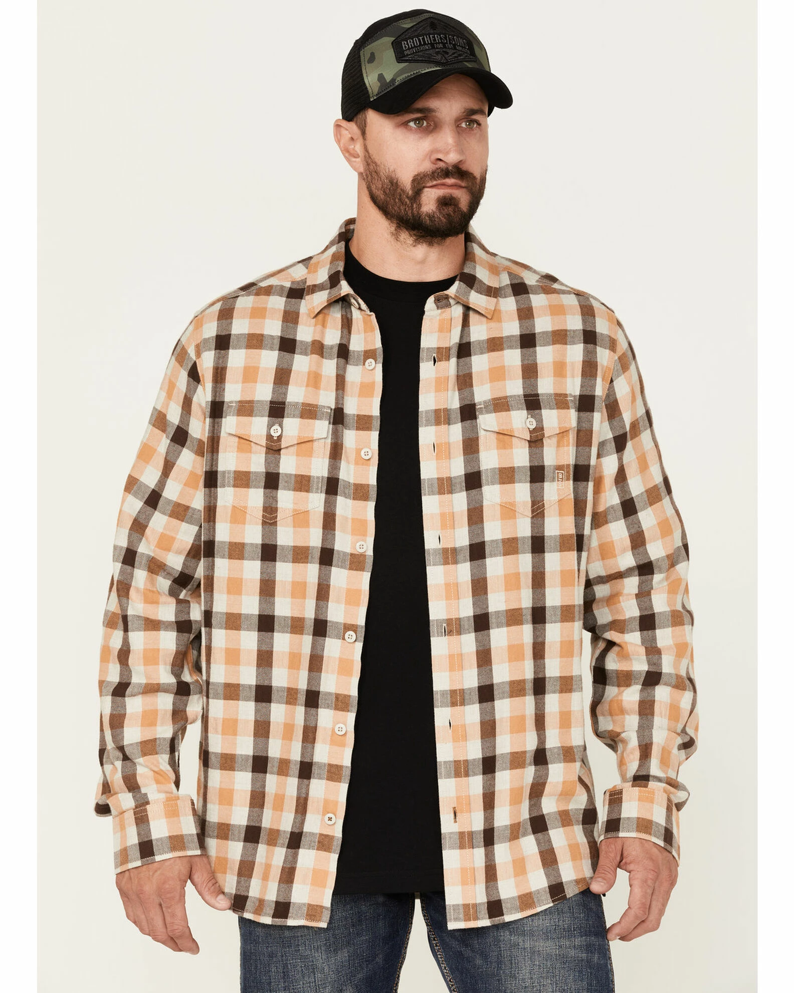 Brothers & Sons Men's Plaid Print Long Sleeve Button-Down Shirt Sand 3 Brothers & Sons Men's Plaid Print Long Sleeve Button-Down Shirt Sand